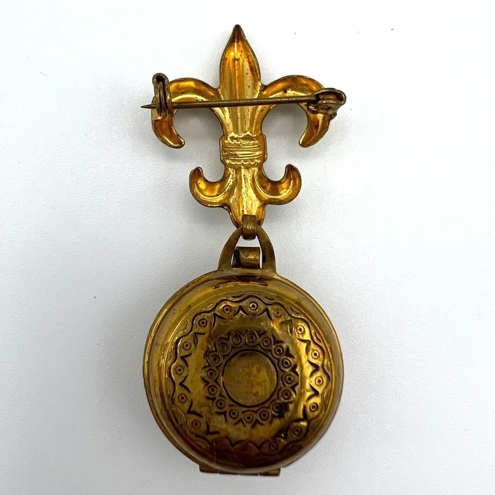 Vintage Fleur De Lis Locket Brooch Gold Tone Round Dangle Photo Sweetheart - Picture 2 of 9